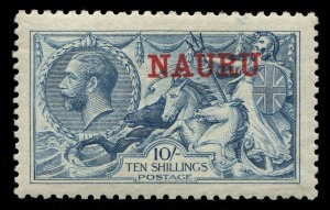 NAURU: 1916-23 (SG.23) De La Printing 10/- pale blue optd 'NAURU' in red, excellent centring, MUH, Cat. £250.