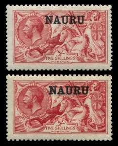 NAURU: 1916-23 (SG.17 & 22) Waterlow Printing 5/- rose-carmine (guarantee handstamp) MLH and DLR Printing 5/- bright carmine MUH, Cat. £2600+.