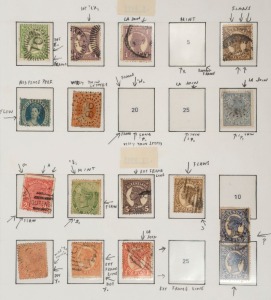 QUEENSLAND: 1860s-1911 array of annotated Sideface varieties on album pages with values to 1/-, mostly commoner flaws such as broken frames, deformed letters, joined letters, colour dots, etc; condition variable with possible postmark interest. (100+)