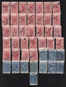 NEW ZEALAND: REVENUES: £1 Long Type Stamp Duty (32), plus 2/- values (11), mostly 1920-30s pen-cancels, condition varable.