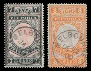 VICTORIA: 1886-96 (SG.326-27) Bicolour Stamp Duty Wmk Sideways £7 rosine & black and Watermark Upright (inverted) £8 mauve and brown-orange with 'JA26/01' and 'DE22/00' CTO cancels respectively, without gum, Cat £575. (2)