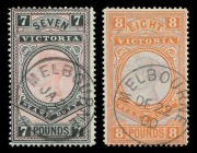 VICTORIA: 1886-96 (SG.326-27) Bicolour Stamp Duty Wmk Sideways &pound;7 rosine & black and Watermark Upright (inverted) &pound;8 mauve and brown-orange with 'JA26/01' and 'DE22/00' CTO cancels respectively, without gum, Cat &pound;575. (2)