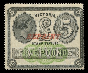 VICTORIA: 1884 (SG.230) £5 black and yellow-green Stamp Statute optd 'REPRINT', large-part o.g., Cat £22,000 as an unoverprinted stamp.