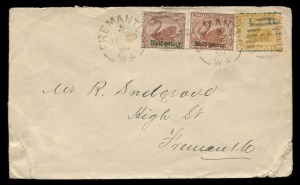WESTERN AUSTRALIA - Postal History: 1898 (Jul.29) Fremantle local cover with rare combination franking of 1881 'IR' provisional overprint on 1d, 'Half-penny' in red and in green on 3d red-brown (SG.111b) and 'Half-penny' in green on 3d cinnamon (SG.110a) tied by FREMANTLE 'GPO' duplex cancels, envelope with corner faults. Ex Spink Sale 'Western Australia, Vestey Collection' lot #508, sold for £900/AU$1750 (incl.comms) in May 2015.