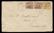 WESTERN AUSTRALIA - Postal History: 1898 (Jul.29) Fremantle local cover with rare combination franking of 1881 'IR' provisional overprint on 1d, 'Half-penny' in red and in green on 3d red-brown (SG.111b) and&nbsp; 'Half-penny' in green on 3d cinnamon (SG.110a)