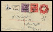 KGV Heads - Small Multiple Watermark Perf 13&frac12; x 12&frac12;: FIRST DAY COVER: 5d on 4&frac12;d (plus 2d on 1&frac12;d) tied to a registered 1&frac12;d Stationery Envelope by REGISTERED ELIZABETH ST/MELBOURNE '4AU30' FDI datestamps (another strike on reverse), addressed to Canal Zone,