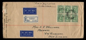 AUSTRALIA: Other Pre-Decimals: FIRST DAY COVER: 1½d Queen Mother block of 6 on registered envelope, endorsed 'First Day Letter/1-12-1942", stamp cancelled by two strikes of SCOTTSDALE (Tas) '1DE42' FDI datestamps, with two further strikes on reverse, blue