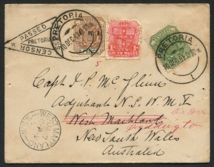 NEW SOUTH WALES: Postal History: BOER WAR: 1901 (Dec.10) inwards cover addressed to Col. J.P. McGlinn/Adjutant NSW MR (Mounted Rifles), West Maitland, with ZAR ½d & 2d optd V.R.I.) tied by PRETORIA '10DEC01' datestamps, Press Censor/Pretoria triangular datestamp, WEST MAITLAND arrival datestamp, redirected to Paddington. NSW 1d Shield does not belong, cover with some minor spotting. John Patrick McGlinn served as a Lieutenant with NSW Mounted Rifles during the Second Boer War.