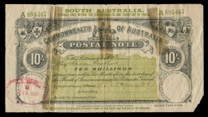 SOUTH AUSTRALIA: REVENUES - POSTAL NOTE: 1912-34 KGV 10/- Issue for South Australia, 'T.S. Harrison. Australian Note and Stamp Printer' imprint at base, 1926 ADELAIDE (issuing office) oval datestamp in red, tape repairs/reinforcing on reverse. A rare survivor, Elsmore does not list a 10/- value.