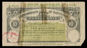 SOUTH AUSTRALIA: REVENUES - POSTAL NOTE: 1912-34 KGV 10/- Issue for South Australia, 'T.S. Harrison. Australian Note and Stamp Printer' imprint at base, 1926 ADELAIDE (issuing office) oval datestamp in red, tape repairs/reinforcing on reverse. A rare surv