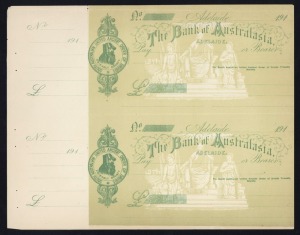 Banking Instruments: SOUTH AUSTRALIA: uncut pair of 1910s Bank of Australia (Adelaide) printed cheques for the 'South Australian United Ancient Order of Druids Friendly Society, staple holes at left, minor blemishes.