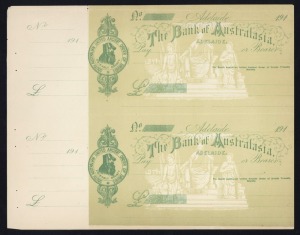 Banking Instruments: SOUTH AUSTRALIA: uncut pair of 1910s Bank of Australia (Adelaide) printed cheques for the 'South Australian United Ancient Order of Druids Friendly Society, staple holes at left, minor blemishes.