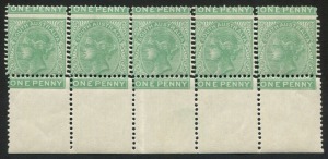 SOUTH AUSTRALIA: 1876-1904 (SG.175a) 1d green Perf.13 marginal strip of 4 GROSSLY MISPERFORATED ('ONE PENNY' at top of stamp) and DOUBLE PERFS vertically, stamps fresh MUH. A striking piece.