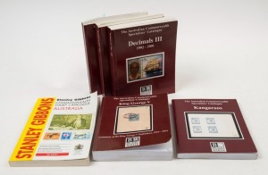 LITERATURE - AUSTRALIA - BRUSDEN WHITE CATALOGUES:  comprising 'Kangaroos' (2017), King George V Centenary Edition (2014), 'Decimals' 'I' 'II' & 'III' (2002, 'I' & 'II' with some loose pages); also Stanley Gibbons 'Australia' 9th Edn (2014). Pre-loved ex 