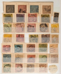 REST OF THE WORLD - General & Miscellaneous Lots: 1850s-1890s (mostly) in stockbook, mainly glued-down stamps on cut-out pieces from oldime albums, predominantly European material including Austria, Belgium, Denmark, France, German States, Italian States, Portugal, Russia, Spain, Sweden, Switzerland ; also British Commonwealth oddments including Australian States, GB, Hong Kong & Newfoundland. Very mixed condition.