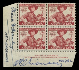 AUSTRALIA: Other Pre-Decimals: 1946-55 commemorative imprint blocks (13) all signed "Frank D. Manley/Artist & Engraver" in the selvedge, the 2½d Pan-Pacific Scout Jamboree issue additionally signed by renowned artist Daryl Lindsay, who acted as model for the scout figure depicted on the stamp, MUH. (13 blocks, 52 stamps)