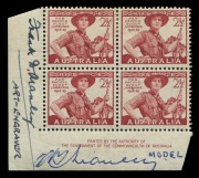AUSTRALIA: Other Pre-Decimals: 1946-55 commemorative imprint blocks (13) all signed "Frank D. Manley/Artist & Engraver" in the selvedge, the 2&frac12;d Pan-Pacific Scout Jamboree issue additionally signed by renowned artist Daryl Lindsay, who acted as model for 