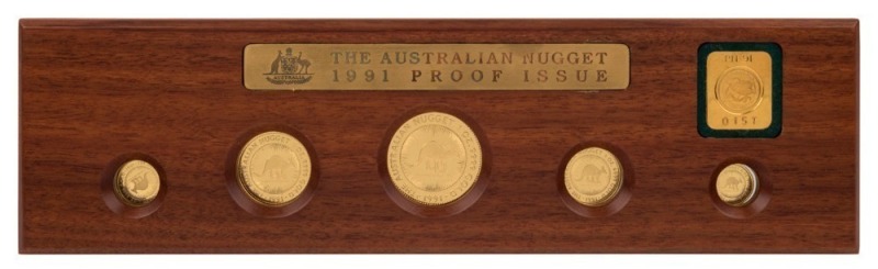 Coins - Australia: Gold: 1991 GOLD NUGGET SERIES: 1 oz ($100), 1/2oz ($50), 1/4 oz ($25), 1/10 oz ($15) and 1/20oz ($5) gold coins displayed in timber presentation case within leather sleeve (Ref. PN91, #157); 1.90oz (59.10gr) of 999/1000 gold. (5 coins)