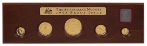 Coins - Australia: Gold: 1998 GOLD NUGGET SERIES: 1 oz ($100), 1/2oz ($50), 1/4 oz ($25), 1/10 oz ($15) and 1/20oz ($5) gold coins displayed in timber presentation case within leather sleeve (Ref. PN98 FS, #147); 1.90oz (59.10gr) of 999/1000 gold. (5 coins)