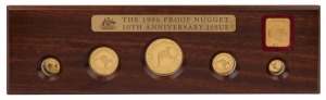 Coins - Australia: Gold: 1996 GOLD NUGGET SERIES: 1 oz ($100), 1/2oz ($50), 1/4 oz ($25), 1/10 oz ($15) and 1/20oz ($5) gold coins displayed in timber presentation case within leather sleeve, 10th Anniversary Issue (Ref. PN86-96, #67); 1.90oz (59.10gr) of 999/1000 gold. (5 coins)