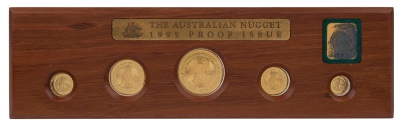 Coins - Australia: Gold: 1995 GOLD NUGGET SERIES: 1 oz ($100), 1/2oz ($50), 1/4 oz ($25), 1/10 oz ($15) and 1/20oz ($5) gold coins displayed in timber presentation case within leather sleeve (Ref. PN93 FS, #137); 1.90oz (59.10gr) of 999/1000 gold. (5 coin