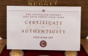 Coins - Australia: Gold: 2003 GOLD NUGGET SERIES: 1 oz ($100), 1/2oz ($50), 1/4 oz ($25), 1/10 oz ($15) and 1/20oz ($5) gold coins displayed in timber presentation case (Set No #60); 1.90oz (59.10gr) of 999/1000 gold. (5 coins) - 2