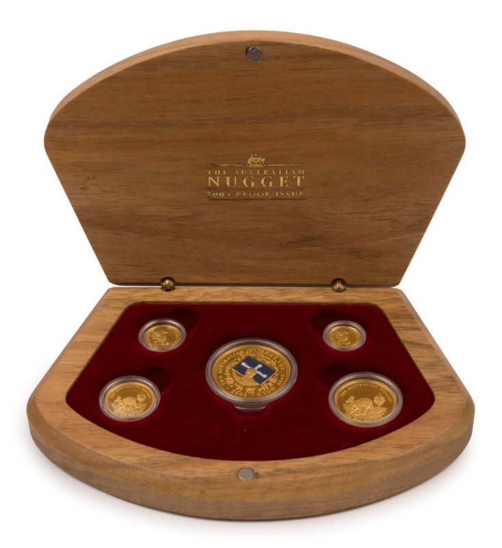 Coins - Australia: Gold: 2004 GOLD NUGGET SERIES: 1 oz ($100), 1/2oz ($50), 1/4 oz ($25), 1/10 oz ($15) and 1/20oz ($5) gold coins displayed in timber presentation case (Set No. #213); 1.90oz (59.10gr) of 999/1000 gold. (5 coins)