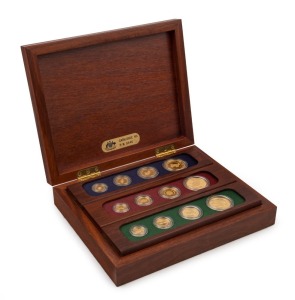 Coins - Australia: Gold: 1986-1988 GOLD NUGGET SERIES: 1 oz ($100), 1/2oz ($50), 1/4 oz ($25), 1/10 oz ($15) sets of proof gold coins for 1986,1987 & 1988 displayed in large Jarrah timber presentation box (21x26cm), Perth Mint Catalogue No 'P.N. 0446'; 5.55oz (172.62gr) of 999/1000 gold. n.b. This lot is supplied with three smaller jarrah timber boxes, allowing the purchaser the option of housing each year-set separately. (12 coins)