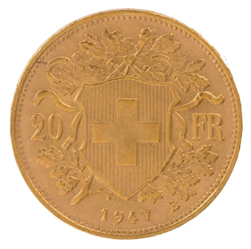 Coins - World: Gold: SWITZERLAND: 1947 gold 20fr Helvetia/Vrenili, 6.45gr of 900/1000 fine gold. VF.