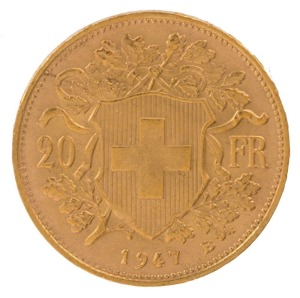 Coins - World: Gold: SWITZERLAND: 1947 gold 20fr Helvetia/Vrenili, 6.45gr of 900/1000 fine gold. VF.
