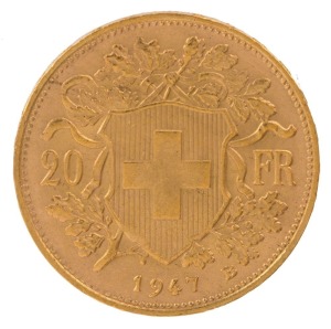 Coins - World: Gold: SWITZERLAND: 1947 gold 20fr Helvetia/Vrenili, 6.45gr of 900/1000 fine gold. VF.
