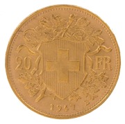 Coins - World: Gold: SWITZERLAND: 1947 gold 20fr Helvetia/Vrenili, 6.45gr of 900/1000 fine gold. VF.