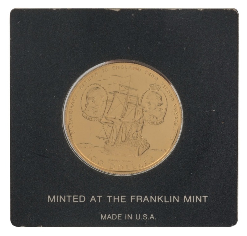 Coins - World: Gold: COOK ISLANDS: 1975 $100 gold coin, housed in original Franklin Mint packaging, 9.60grams of 900/1000 fine gold, Unc.