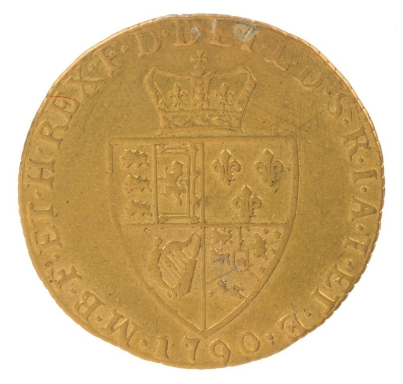 PROCLAMATION COIN - GREAT BRITAIN: 1790 George III Spade Guinea, evidence of previous mounting on rim, otherwise gVF; 8.32gr of 22ct gold. 