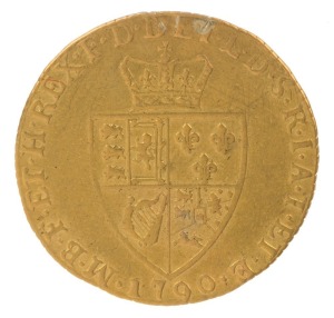 PROCLAMATION COIN - GREAT BRITAIN: 1790 George III Spade Guinea, evidence of previous mounting on rim, otherwise gVF; 8.32gr of 22ct gold.