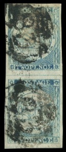 NEW SOUTH WALES: 1850 (SG.24) 2d Sydney Views Plate II Early Impressions vertical pair, plate II, four large margins, slightly oily of BN '83' cancel of Wellingrove (rated 4R), Cat. £650++.