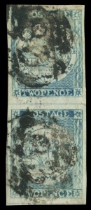 NEW SOUTH WALES: 1850 (SG.24) 2d Sydney Views Plate II Early Impressions vertical pair, plate II, four large margins, slightly oily of BN '83' cancel of Wellingrove (rated 4R), Cat. £650++.       