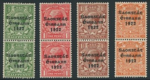 IRELAND: 1922-23 (SG 67/67a-70/70a) Overprinted by Harrison ½d, 1d, 1½d and 2d vertical pairs, upper units variety "Long €œ1€� in 1922", fine mint, Cat. £253++.