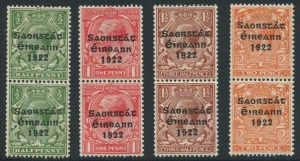 IRELAND: 1922-23 (SG 67/67a-70/70a) Overprinted by Harrison ½d, 1d, 1½d and 2d vertical pairs, upper units variety "Long €œ1€� in 1922", fine mint, Cat. £253++.   