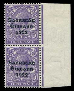 IRELAND: 1922-23 (SG.57a) Overprinted by Thom 3d violet marginal pair, lower unit variety "No accent", fresh multiple with the variety unit MUH, Cat. £325+.               