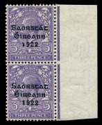 IRELAND: 1922-23 (SG.57a) Overprinted by Thom 3d violet marginal pair, lower unit variety "No&nbsp;accent", fresh multiple with the variety unit MUH, Cat. &pound;325+.&nbsp; &nbsp; &nbsp; &nbsp; &nbsp; &nbsp; &nbsp; &nbsp;