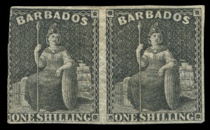 BRITISH WEST INDIES: BARBADOS: 1873 (SG.61a) Wmk Large Star, 1/- black pair (perforations trimmed on all sides), variety IMPERFORATE BETWEEN, original gum, Cat. £9,000. Affordable example of this major rarity. BPA Certificate (2017)