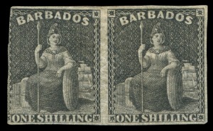 BRITISH WEST INDIES: BARBADOS: 1873 (SG.61a) Wmk Large Star, 1/- black pair (perforations trimmed on all sides), variety IMPERFORATE BETWEEN, original gum, Cat. £9,000.  Affordable example of this major rarity.  BPA Certificate (2017) 