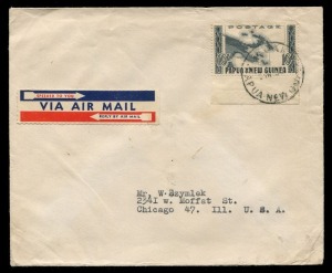 PAPUA NEW GUINEA: 10/- Map (SG.14) very rare solo franking tied by Wewak datestamp to 1955 (Apr.2) airmail cover to USA, Wewak Catholic Mission sender’s endorsement on flap.