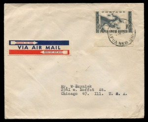 PAPUA NEW GUINEA: 10/- Map (SG.14) very rare solo franking tied by Wewak datestamp to 1955 (Apr.2) airmail cover to USA, Wewak Catholic Mission sender’s endorsement on flap.    