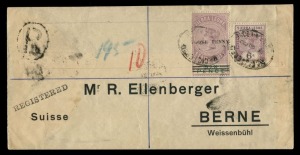 SIERRA LEONE: 1903 registered printed cover to Berne, Switzerland with QV 6d Keyplate SG.49 and 'STAMP DUTY' 1d on 6d Revenue tied by REGISTERED/SIERRA LEONE oval datestamps, REGISTERED/LONDON and BERN backstamps.