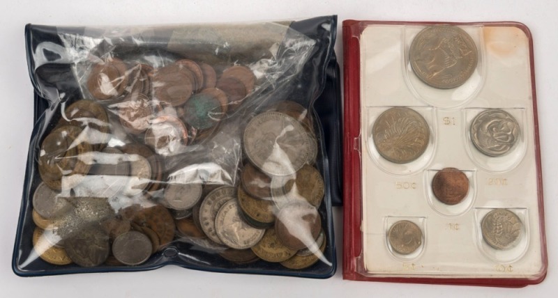 Coins - World: Mostly 1940s-60s circulated coins, South Africa well represented with small quantity of silver threepences, Austrian Maria Theresa silver thaler (28gr, poor condition) etc; also Singapore 1967 uncirculated coin set; mixed condition, total w