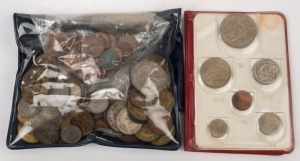 Coins - World: Mostly 1940s-60s circulated coins, South Africa well represented with small quantity of silver threepences, Austrian Maria Theresa silver thaler (28gr, poor condition) etc; also Singapore 1967 uncirculated coin set; mixed condition, total weight (ex coin set) 750g+