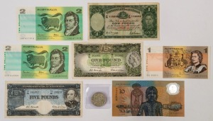 Banknotes - Australia: 1950s-1990s group of mostly banknotes with pre-decimal circulated Coombs/Wilson (Commonweath Bank) £5, KGVI Armitage/McFarlane £1, QEII Coombs/Wilson £1; a/Unc decimal notes with Bicentenary $10 Second Issue general prefix, Johnstone/Sone $1, Johnston/Fraser $2 (2); also single 1966 50c Round. (8 items)