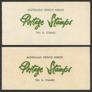 AUSTRALIA: Booklets: MILITARY POST BOOKLETS: 1967-68 (SG.MB1a &MB2) 50c booklets with comprising 1967 booklet (minor foxing) containing 5c Thornbill block of 10 (attached at left) and 1968 booklet 5c QEII block of 10 (attached at right): Cat. £130.